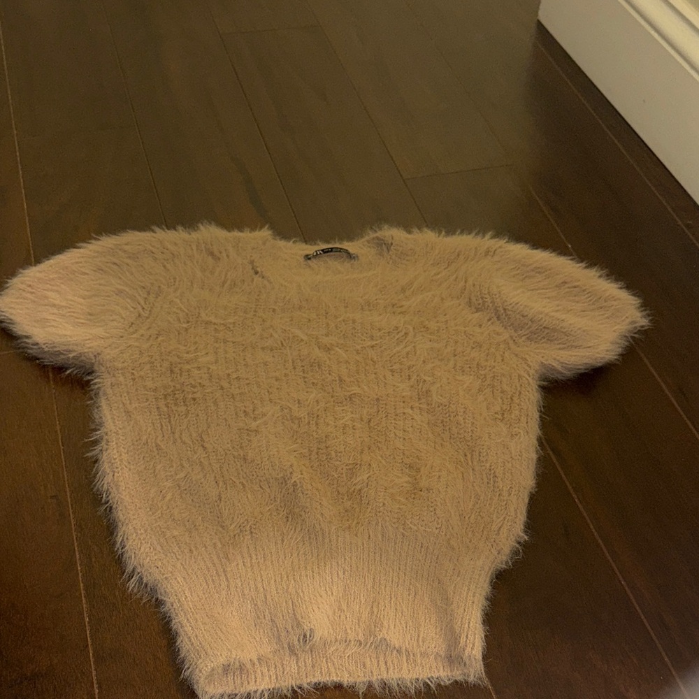 Fuzzy Short-Sleeve Crewneck Sweater - Tan
